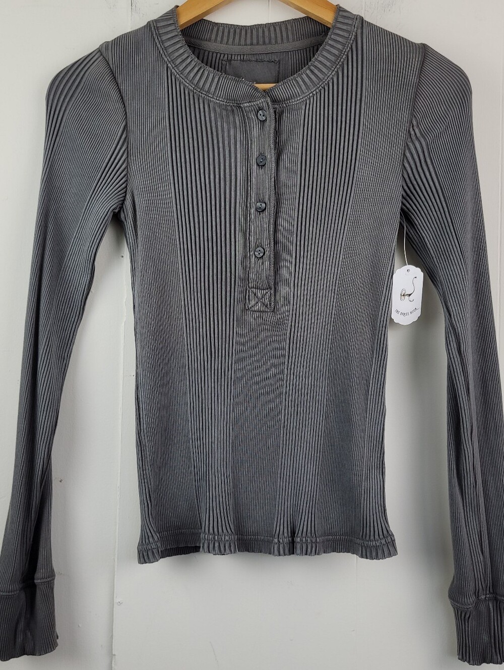 Aerie Small Washed Charcoal Ribbed Henley Long Sleeve Top